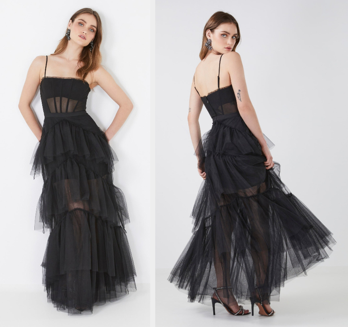 Two photos of a model in a black tiered ruffle dress