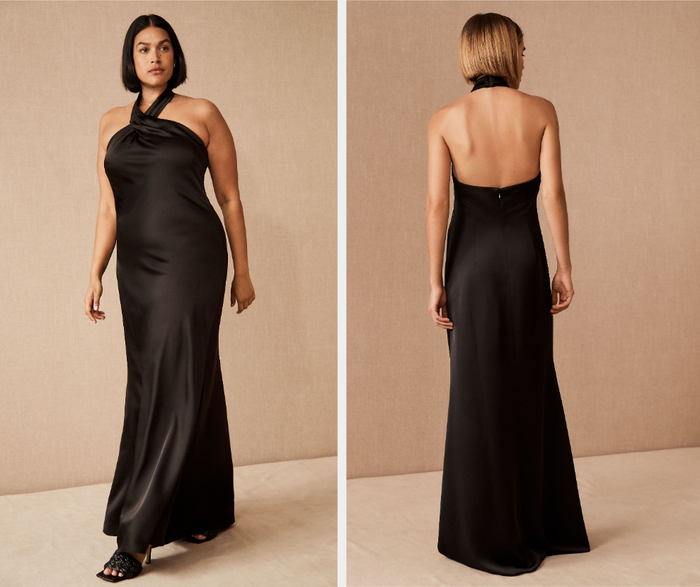 Two photos of models in long black dresses