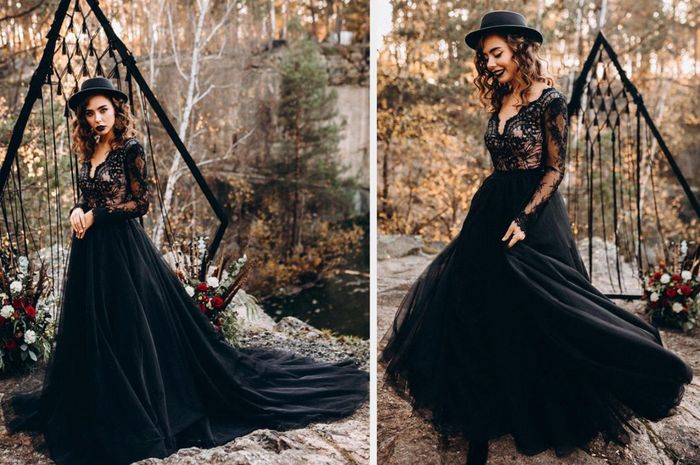Two photos of a model in a lace bridal gown