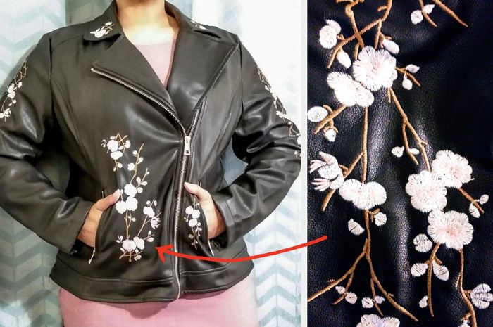 Two photos of a reviewer wearing the black floral jacket