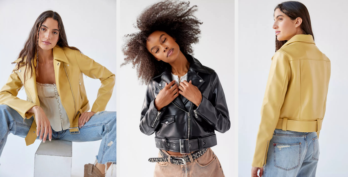 Three photos of models showcasing yellow and black jackets