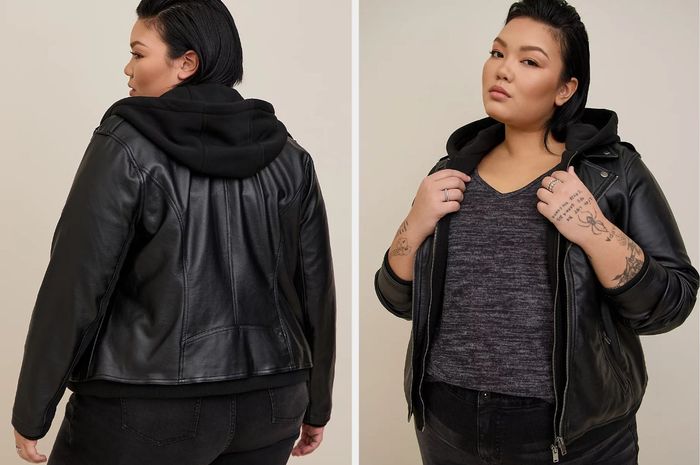 Two photos of a model showcasing the black jacket