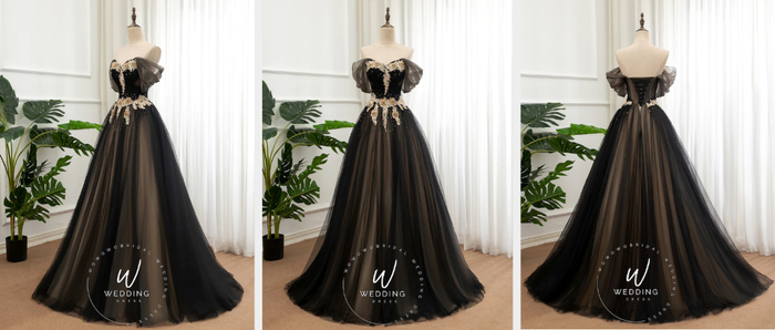 Three photos of a long black wedding dress