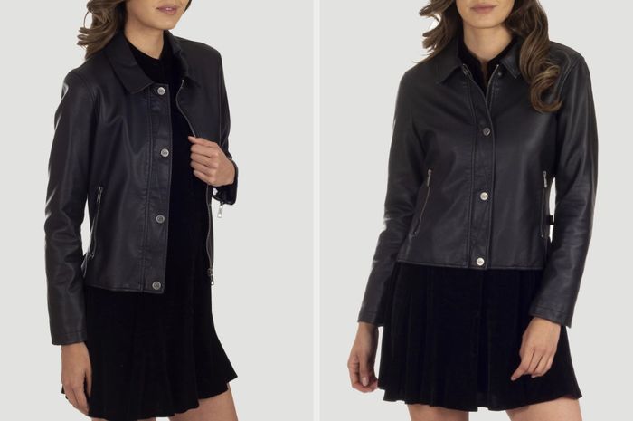 Two photos of a model wearing a black faux leather jacket