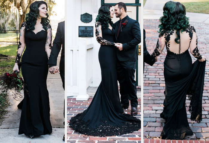 Three images of a model wearing a long black mermaid-style dress