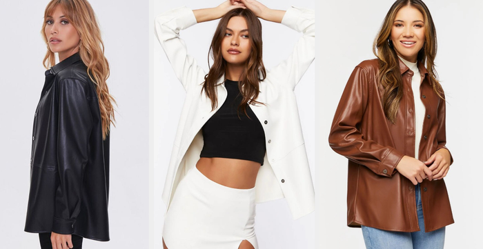 Three photos of models wearing black, white, and brown jackets