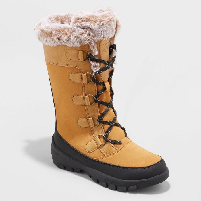 tan waterproof boots with faux fur lining