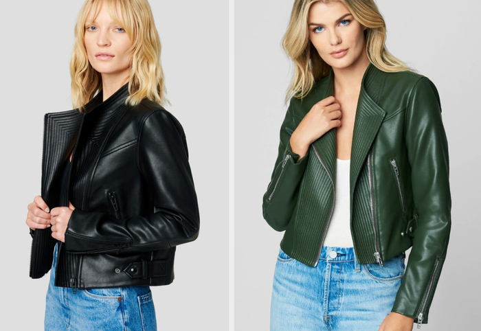 Two photos of models wearing black and green jackets