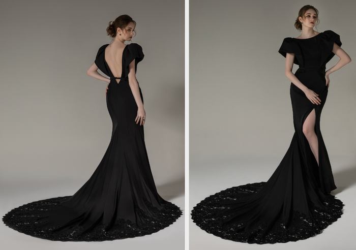 Two images of a model in a black wedding dress with a long train