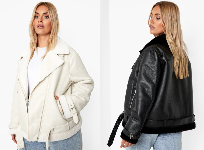 Two photos of a model wearing white and black jackets