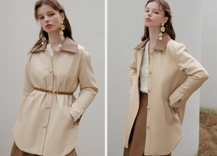 Two photos of a model wearing beige and brown jackets