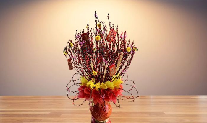 Mẫu cắm nụ tầm xuân ngày Tết 2025 kết hợp cùng hoa đào