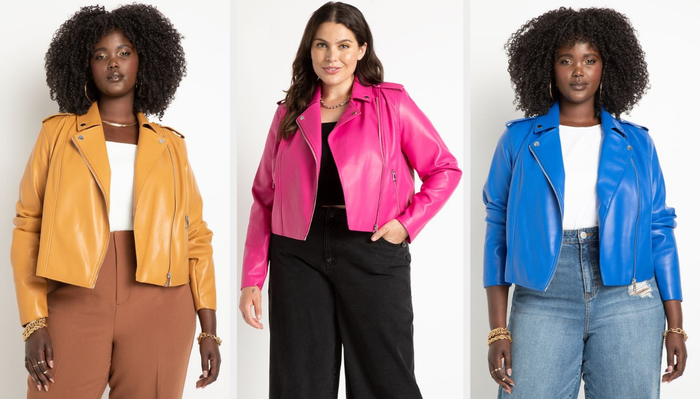 Three photos of models wearing jackets in yellow, pink, and blue