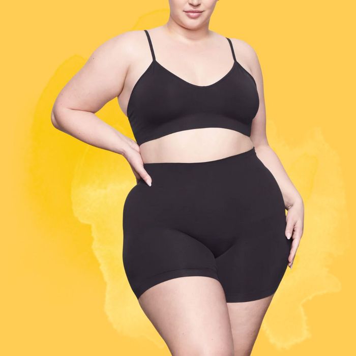 Model wearing the black shorts