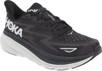 the black and white Hoka Clifton 9 sneakers