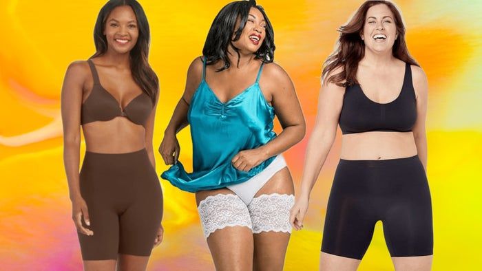 Models wearing Spanx Fit-to-You smoothing mid-thigh shorts, Bandelettes anti-chafing bands, and Jockey Skimmies slip shorts.