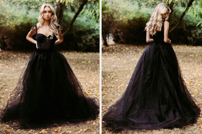 Two photos showcasing a model in a sleek, floor-length black gown