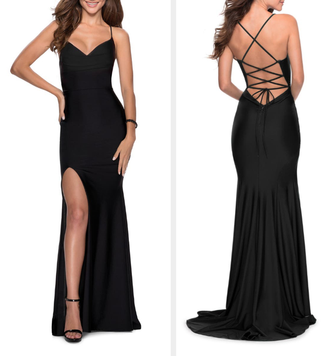 Two photos of a model in a long black gown