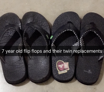 A pair of black flip-flops placed side by side, labeled accordingly.
