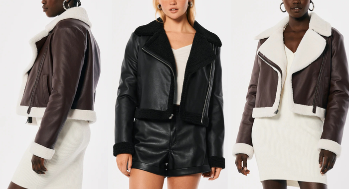 Three photos of models showcasing brown and black jackets