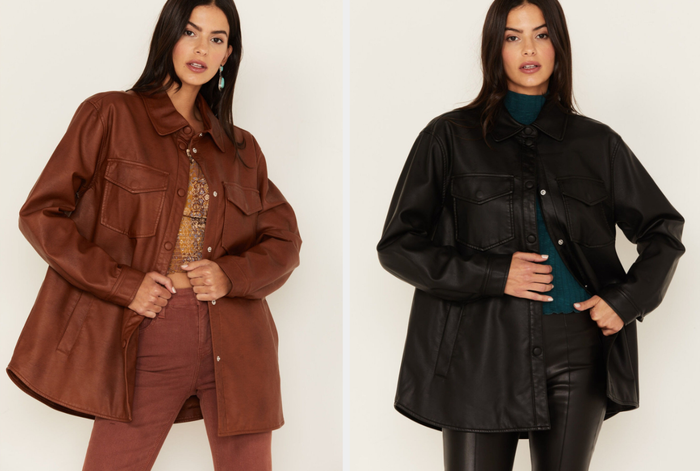 Two photos of models wearing brown and black jackets