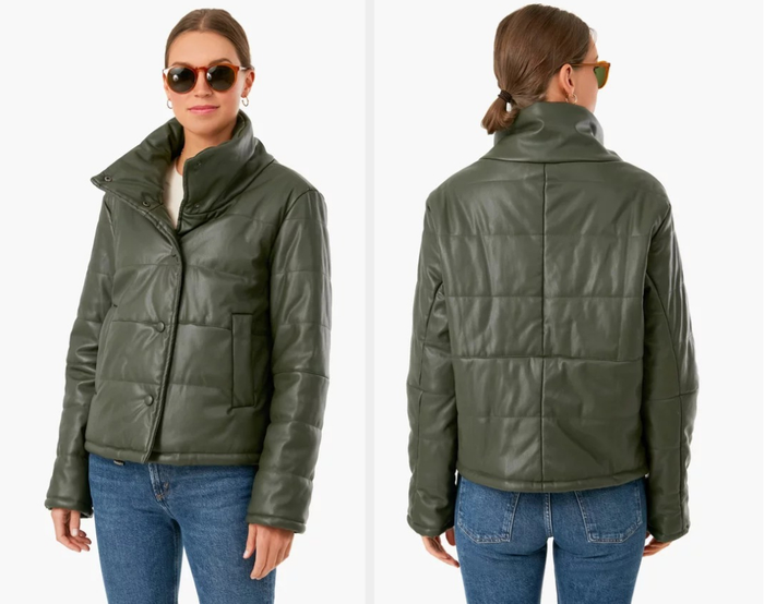 Two photos of a model wearing the green jacket