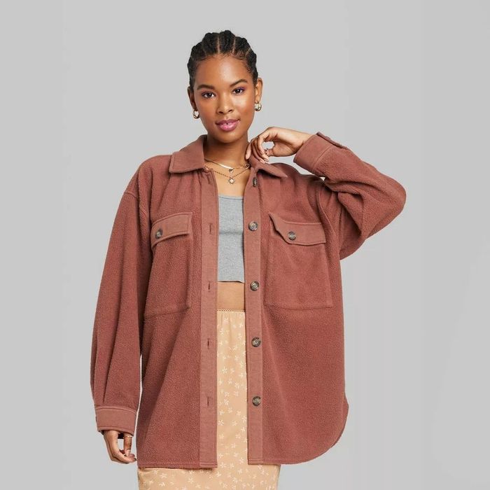 model showcasing the fleece shacket