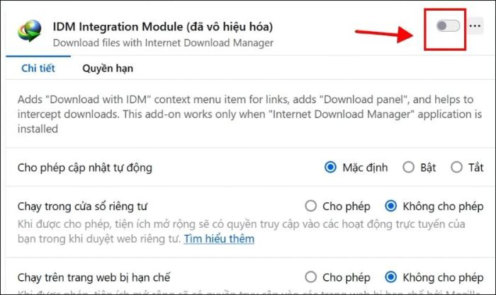 Xác nhận xem tiện ích IDM Integration Module có bị tắt hay không
