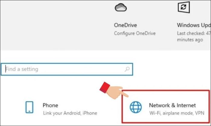 Tiếp tục chọn Network and Internet trong mục Settings