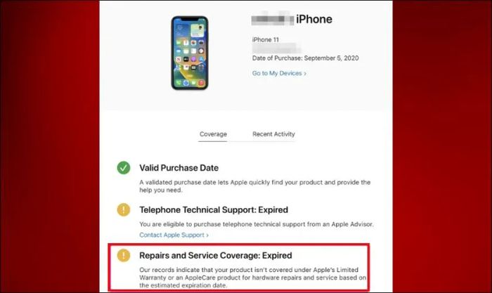 Tìm đến phần Repairs & Service Coverage để kiểm tra tình trạng bảo hành.