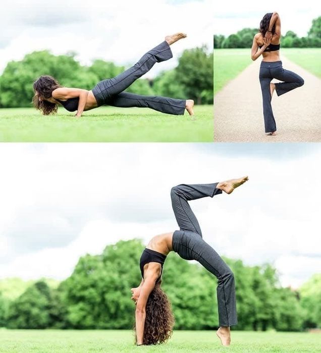 A three-part image of a model in gray bootcut yoga pants demonstrating various yoga poses