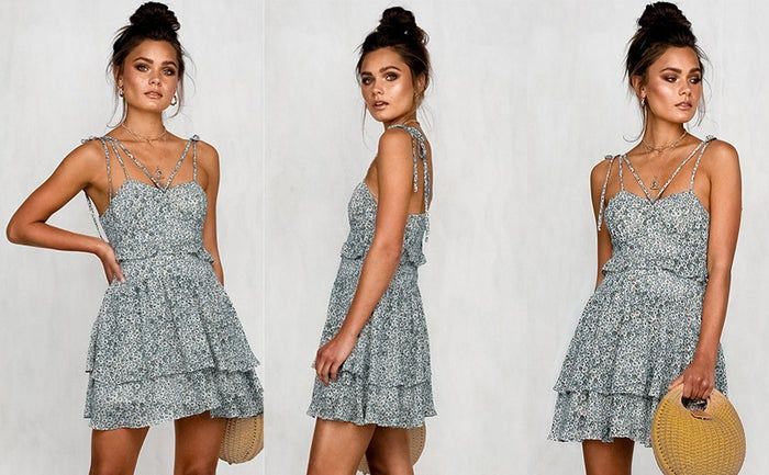 A collection of photos showcasing a model in a green flare dress.