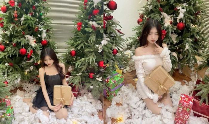 Chụp ảnh đơn giản cùng hộp quà Giáng Sinh đáng yêu