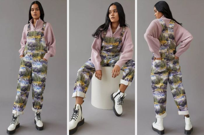 A model showcasing the landscape-print overalls
