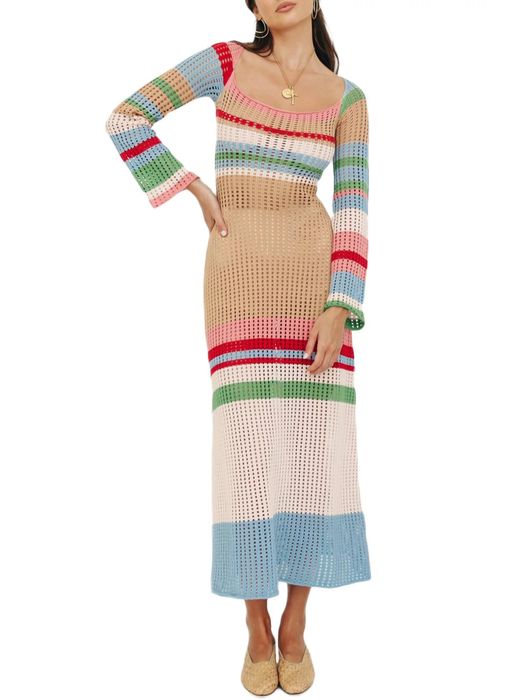 Model wearing a knitted crochet dress
