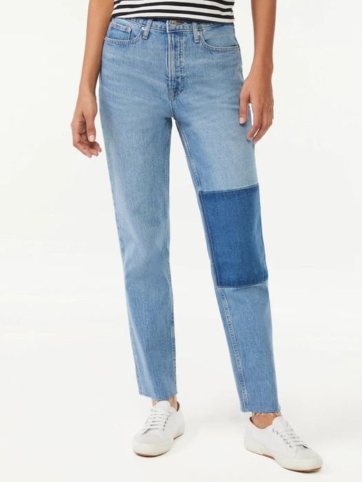 Model showcasing super high-rise straight-leg jeans