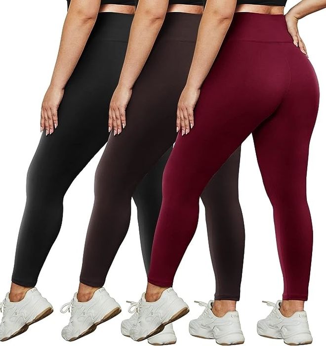 Models showcasing black, brown, and burgundy leggings