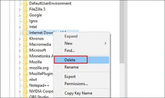 Nhấn chuột phải vào Internet Download Manager rồi chọn Delete