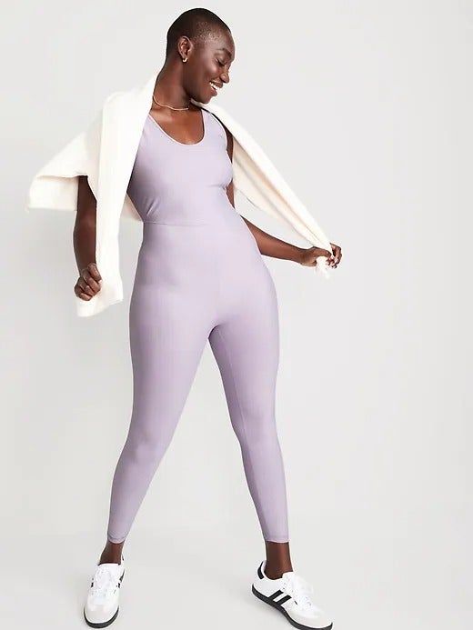 model wearing the lilac scoop-neck full-length bodysuit