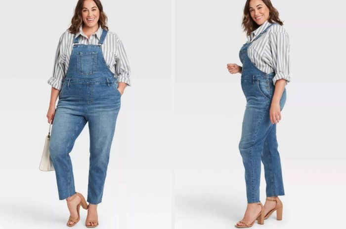 A model wearing blue denim overalls