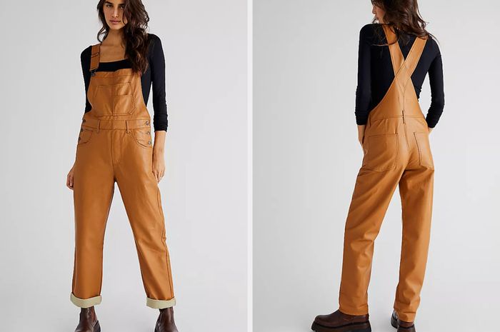 A model showcasing vegan leather Free People overalls