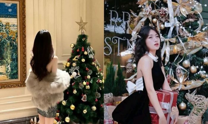 Mẫu tạo dáng chụp ảnh bên cây thông dành cho các bạn nữ