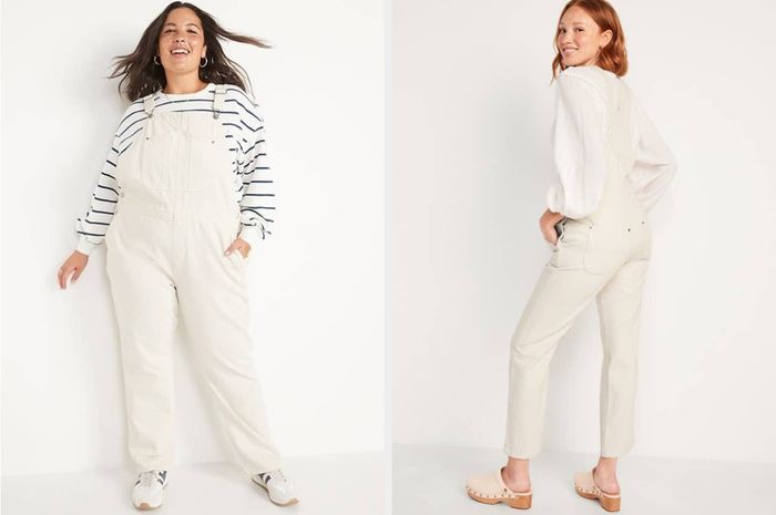 Two models showcasing white Old Navy overalls