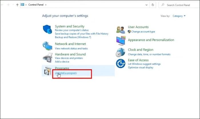 Tìm và chọn mục Programs, sau đó nhấn vào Uninstall a program