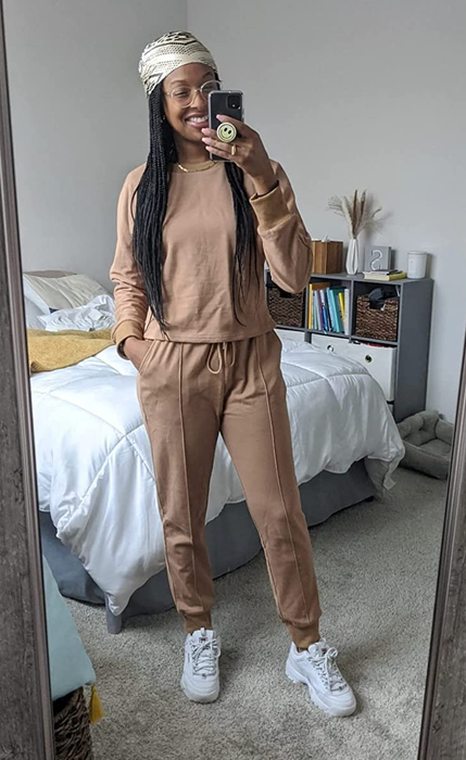 a reviewer in the tan set paired with a coordinating head scarf