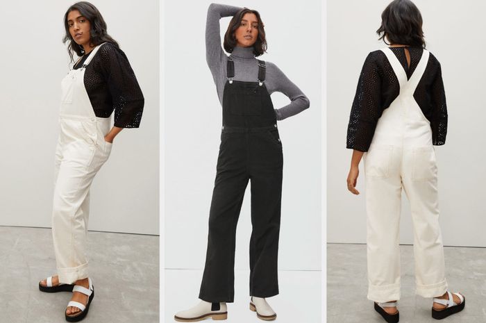 Three photos of models showcasing overalls