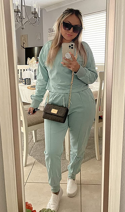 a reviewer in the light blue matching set
