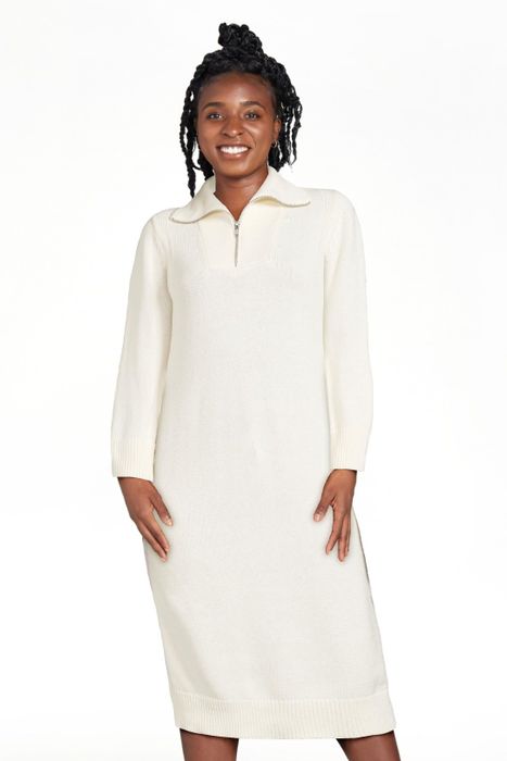 Model wearing a white dress