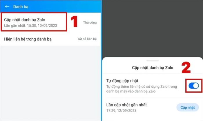 Nhấn vào mục Cập nhật danh bạ Zalo