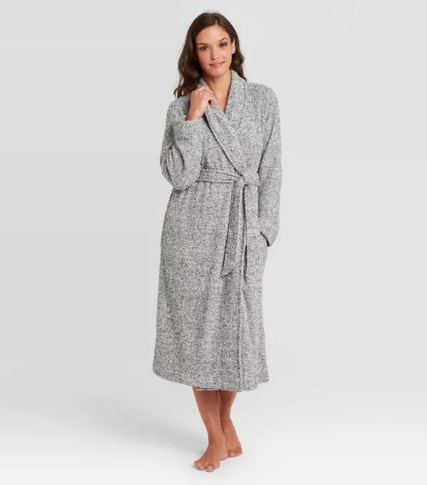 A model wearing a grey chenille robe